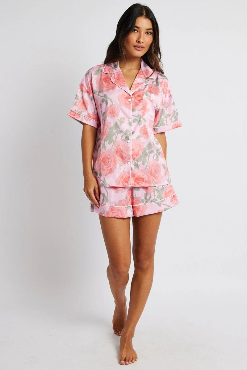 Pink Floral Pyjama Set Satin Short Sleeve Piping PJ
