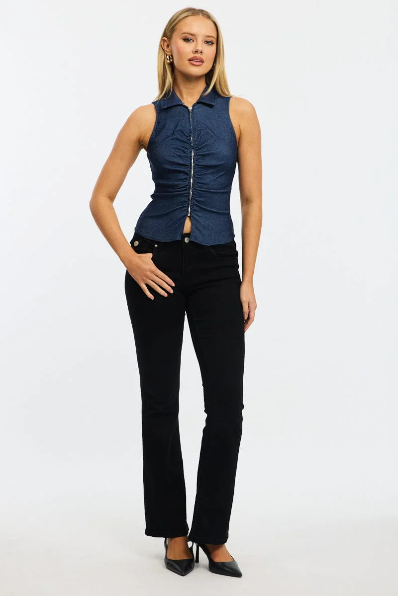 Denim Zip Up Top Sleeveless Collared Bengaline