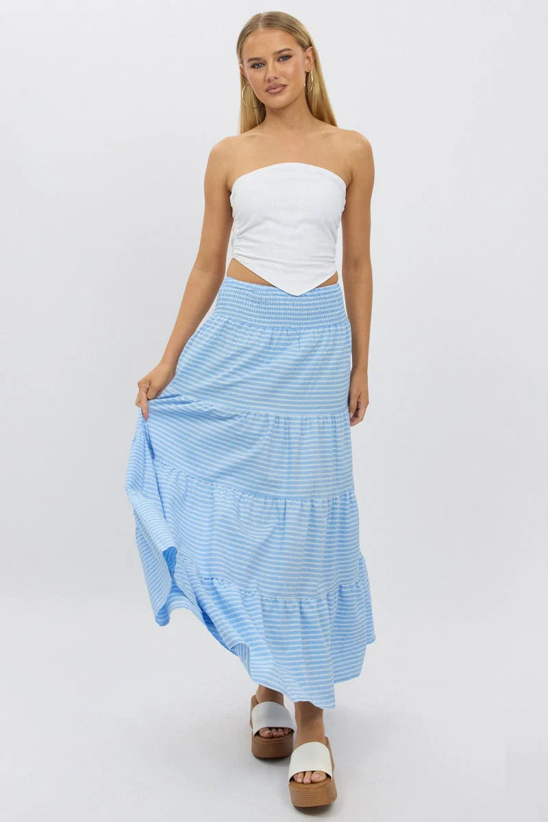 Blue Stripe Maxi Skirt Shirred Waist Tiered Relaxed Fit