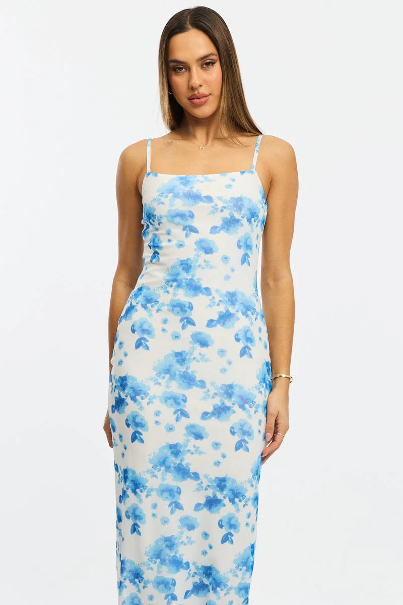 Blue Floral Bodycon Dress Mesh