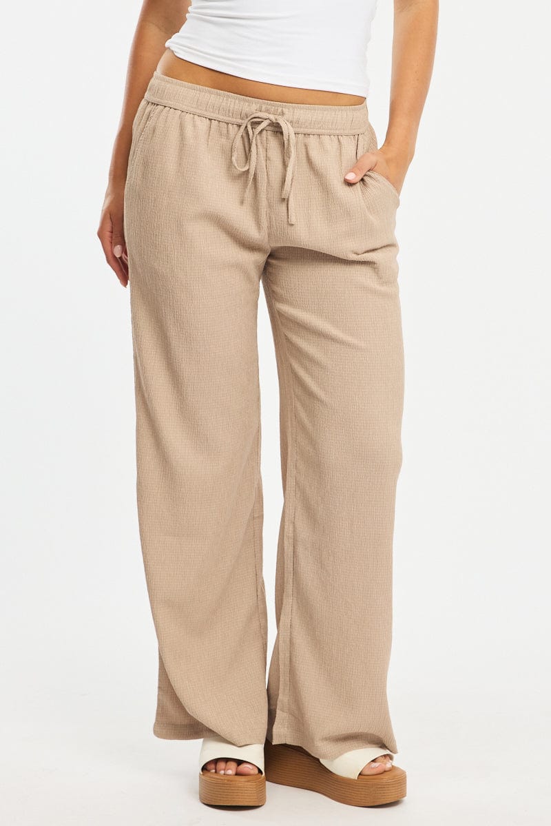 Beige Wide Leg Pants Elasticated Waist