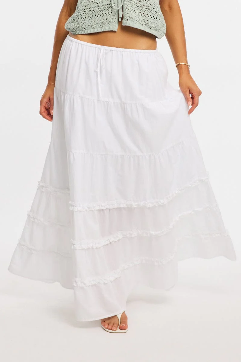 White Maxi Skirt Elasticated Waist Tiered Frilled Detail