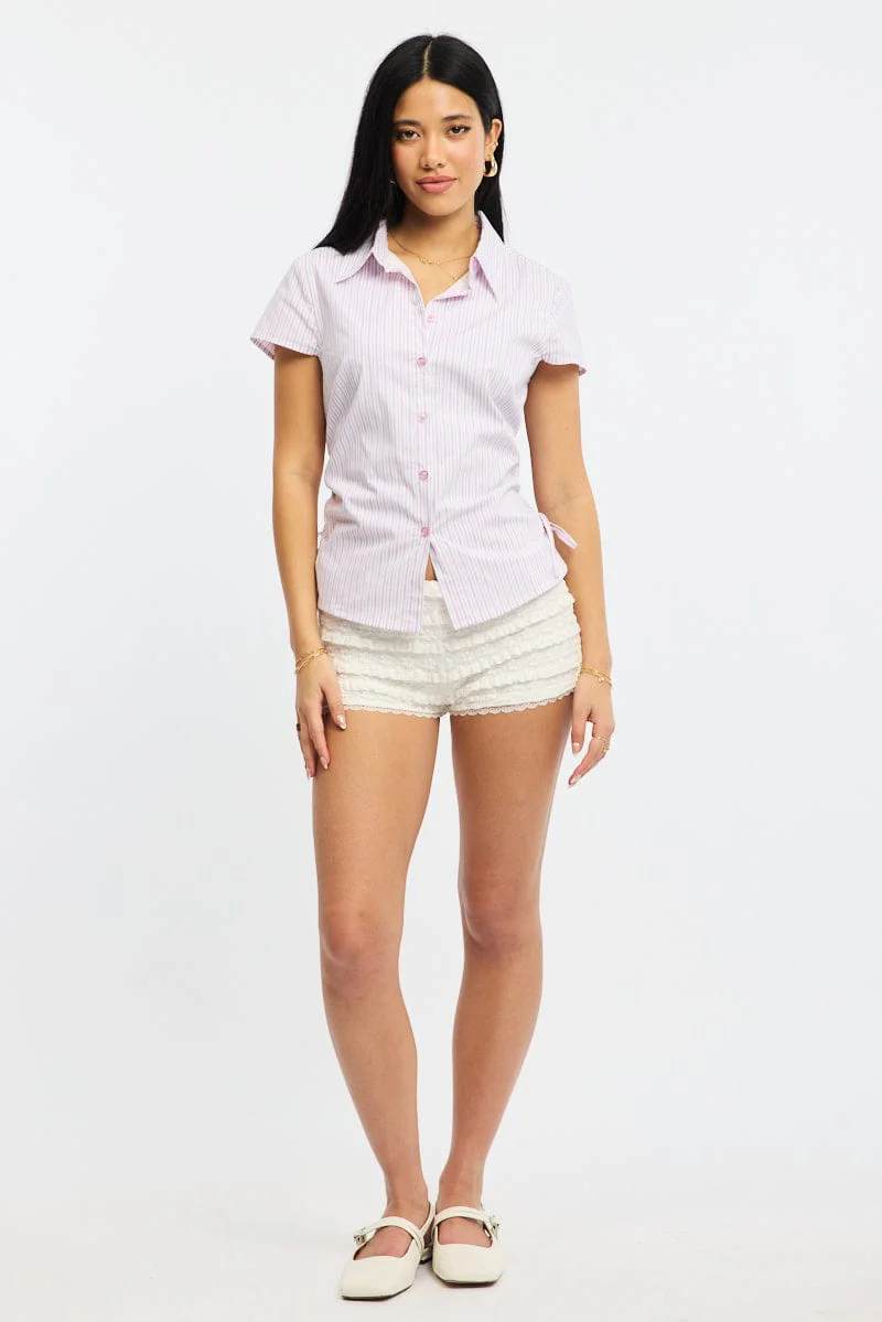 Pink Stripe Short Sleeve Shirt Collared Side Ruched Button Up