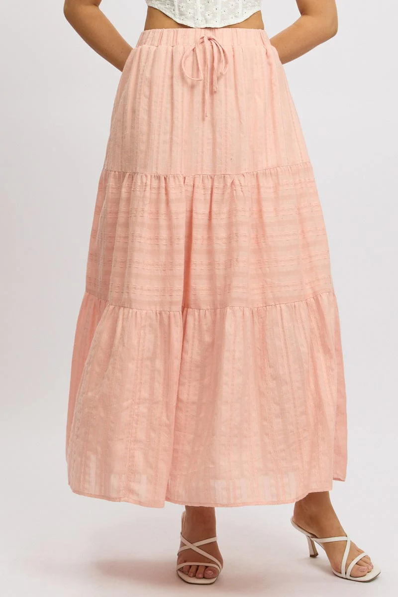 Orange Tiered Maxi Skirt High Rise Elastic Waist Lined