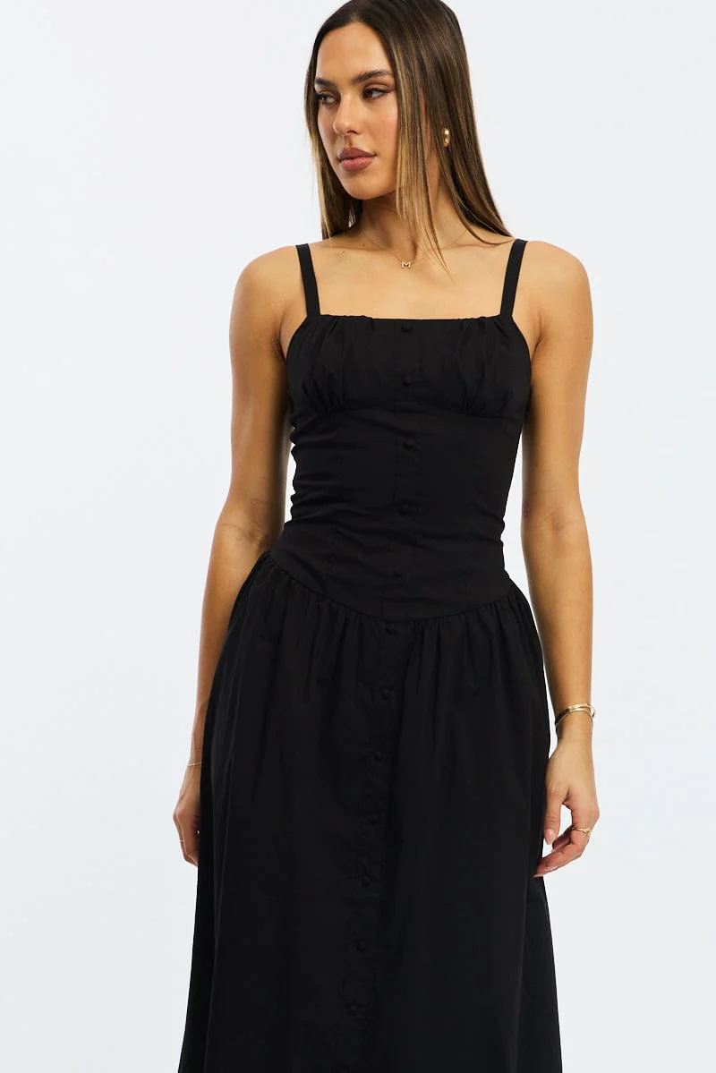 Black Midi Dress Sleeveless Poplin