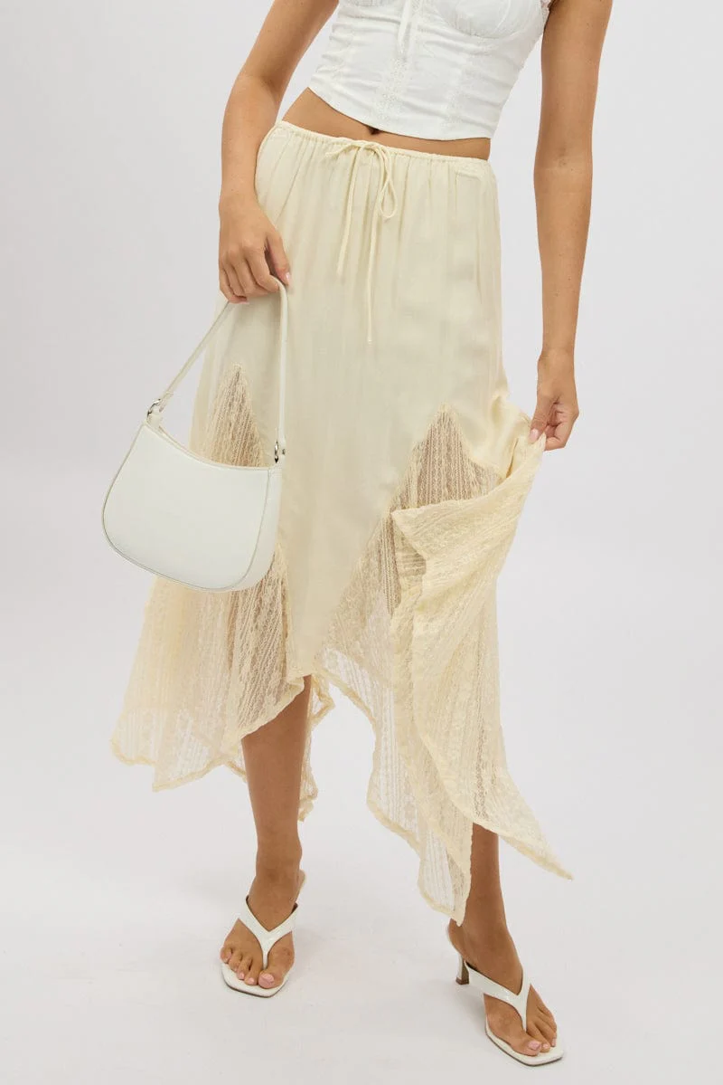 White Lace Elastic Waist Scarf Hem Maxi Skirt