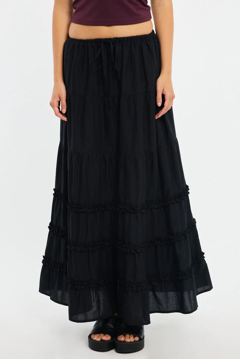 Black Maxi Skirt Elasticated Waist Tiered Frilled Detail