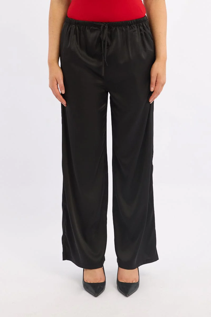 Black Wide Leg Pants High Rise Satin