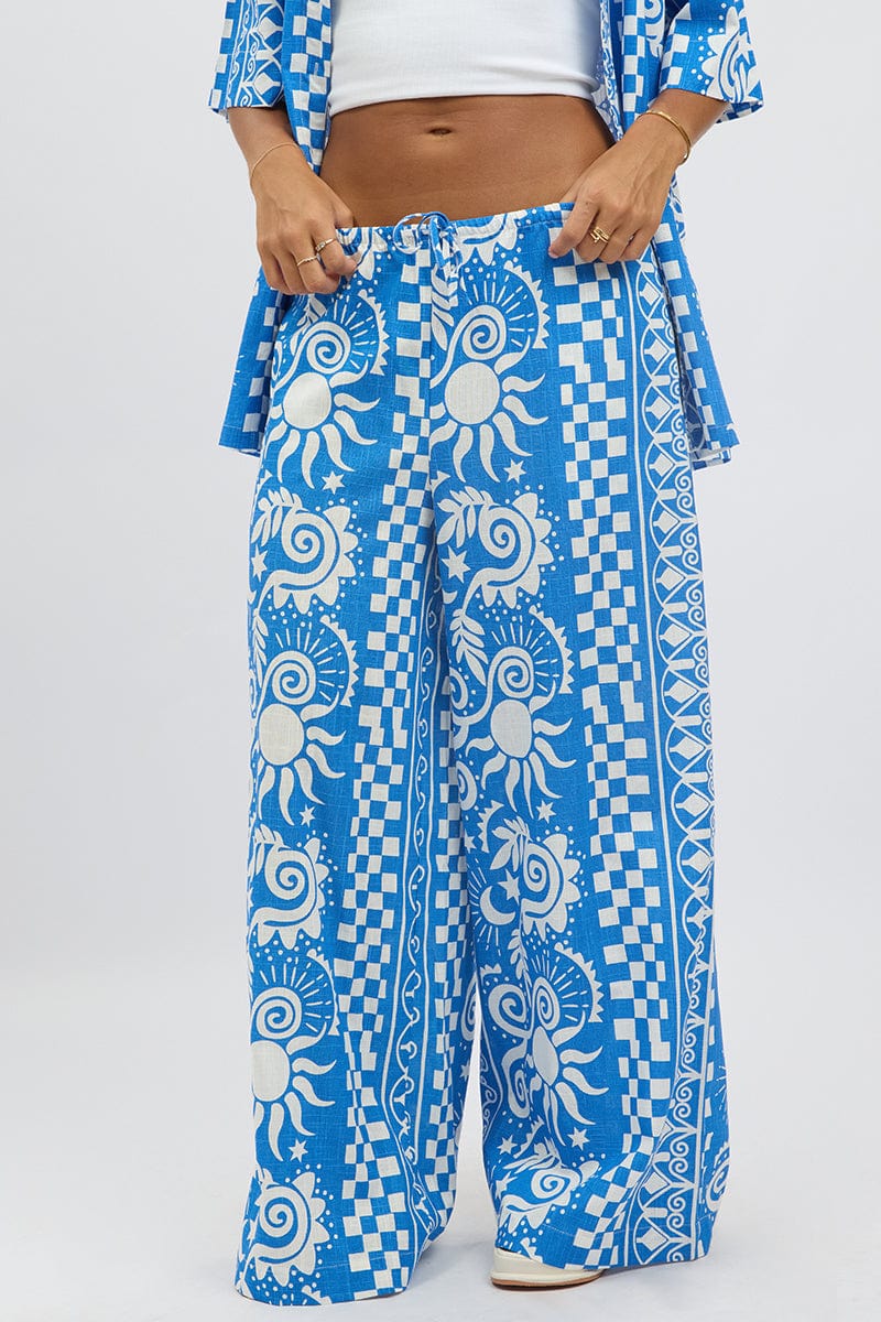 Blue Abstract Wide Leg Pants High Rise