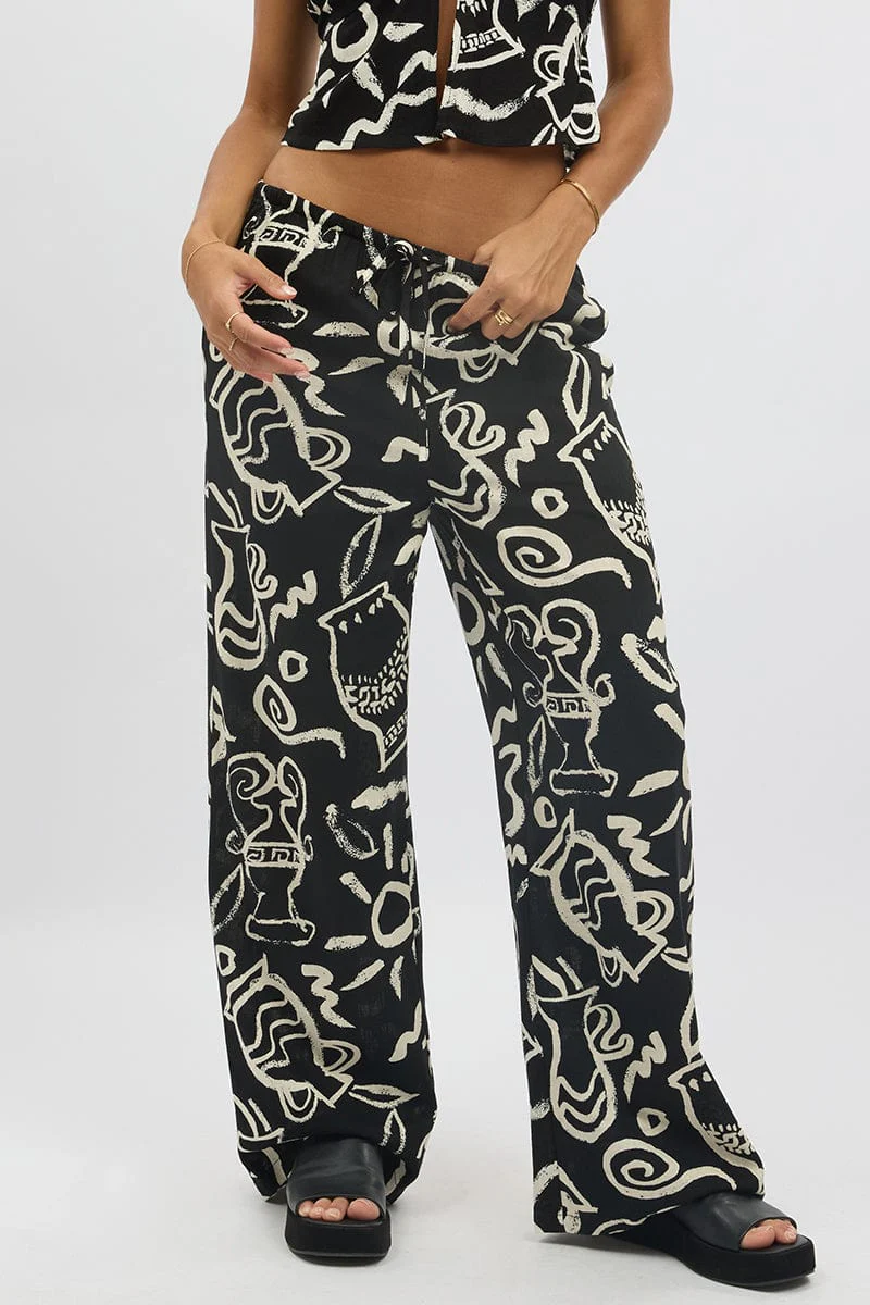 Black Abstract Wide Leg Pants High Rise