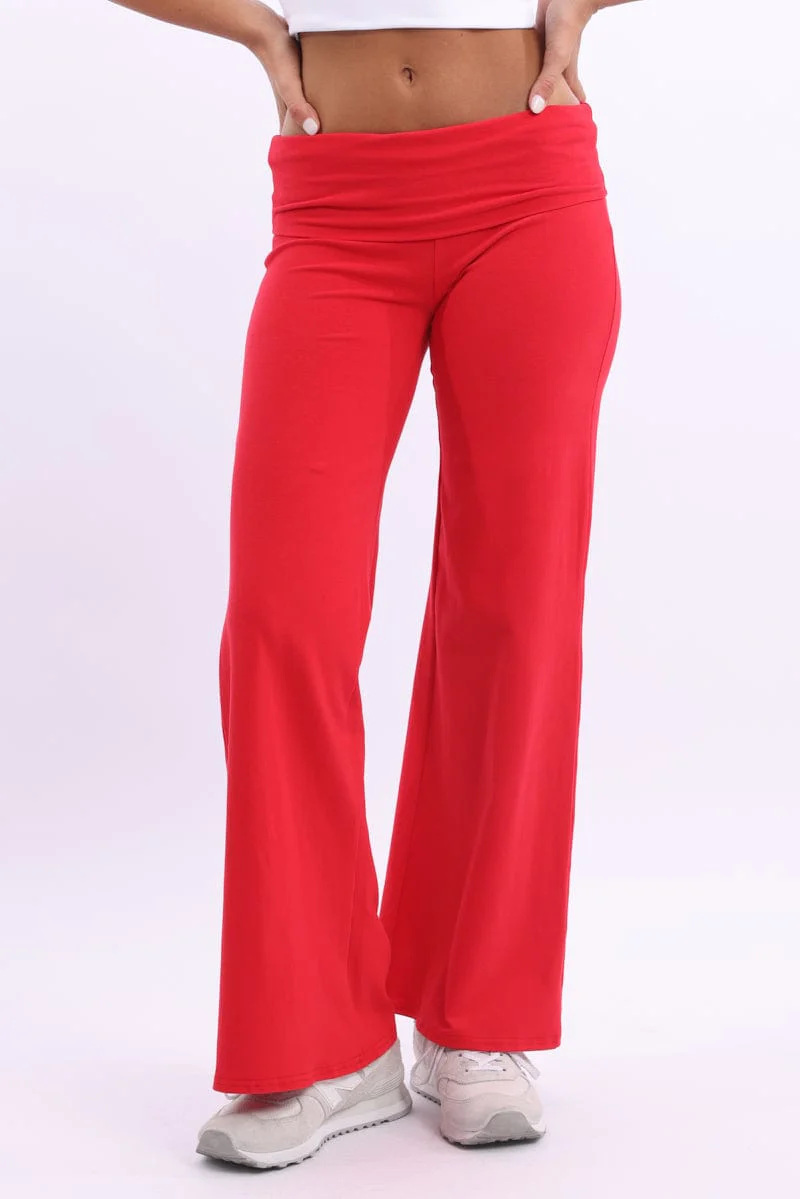 Red Wide Leg Pants Folded Waist Jersey