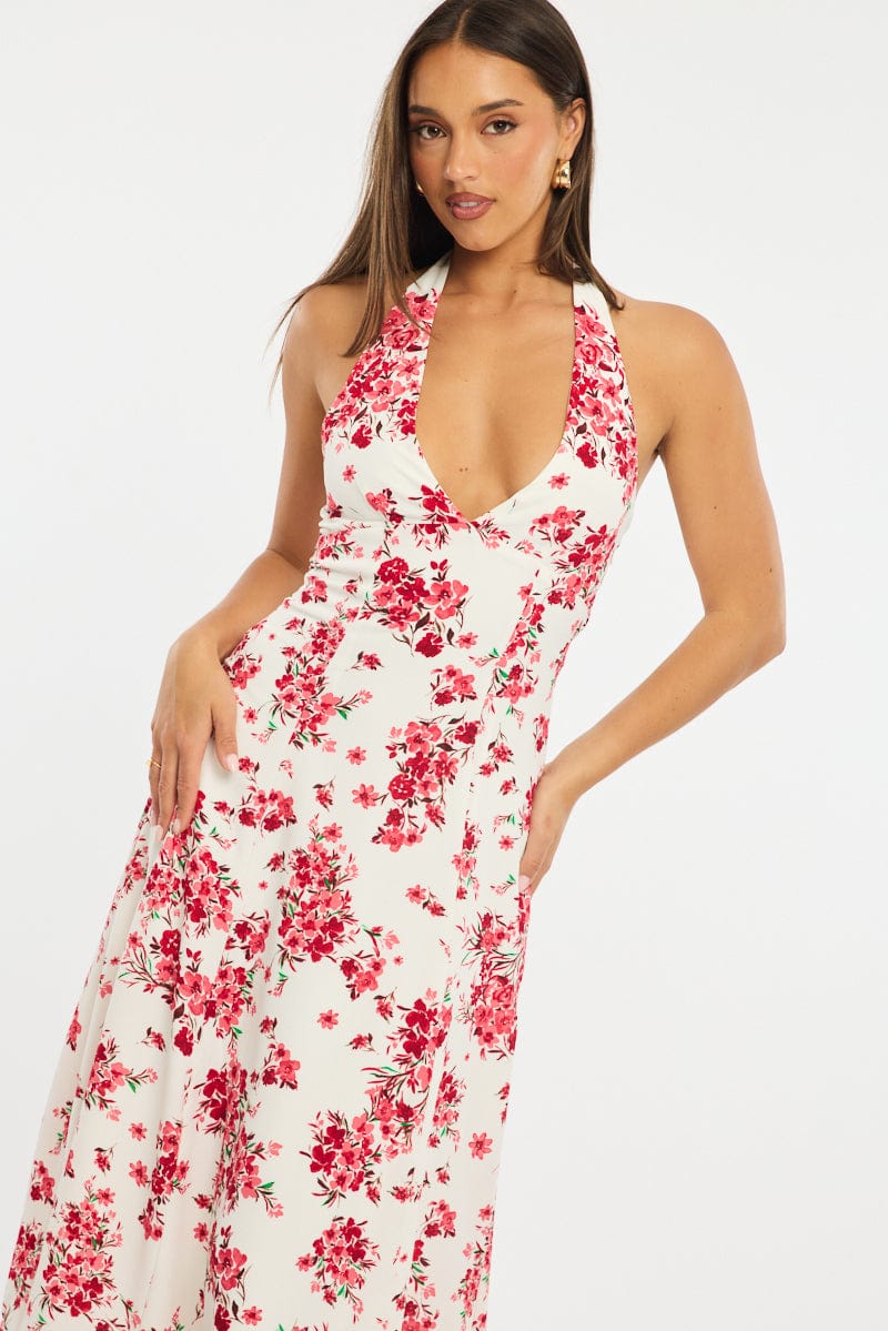 Red Floral Halter Neck Midi Dress
