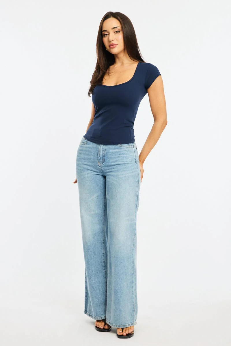 Blue T-shirt Cap Sleeve Sweetheart Neck