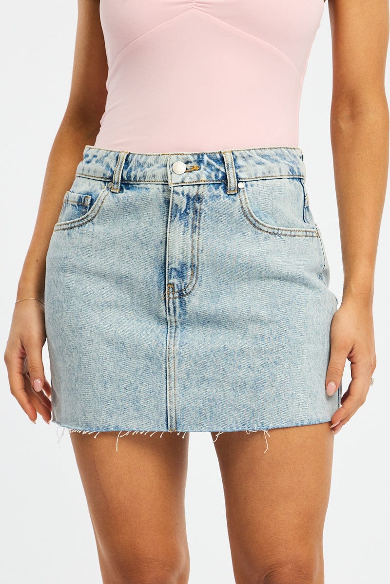 Denim Mini Skirt Mid Rise Raw Edge