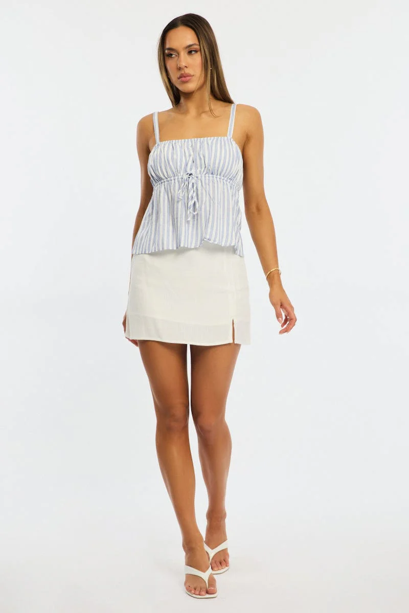 Blue Stripe Cami Top Sleeveless Front Tie Babydoll