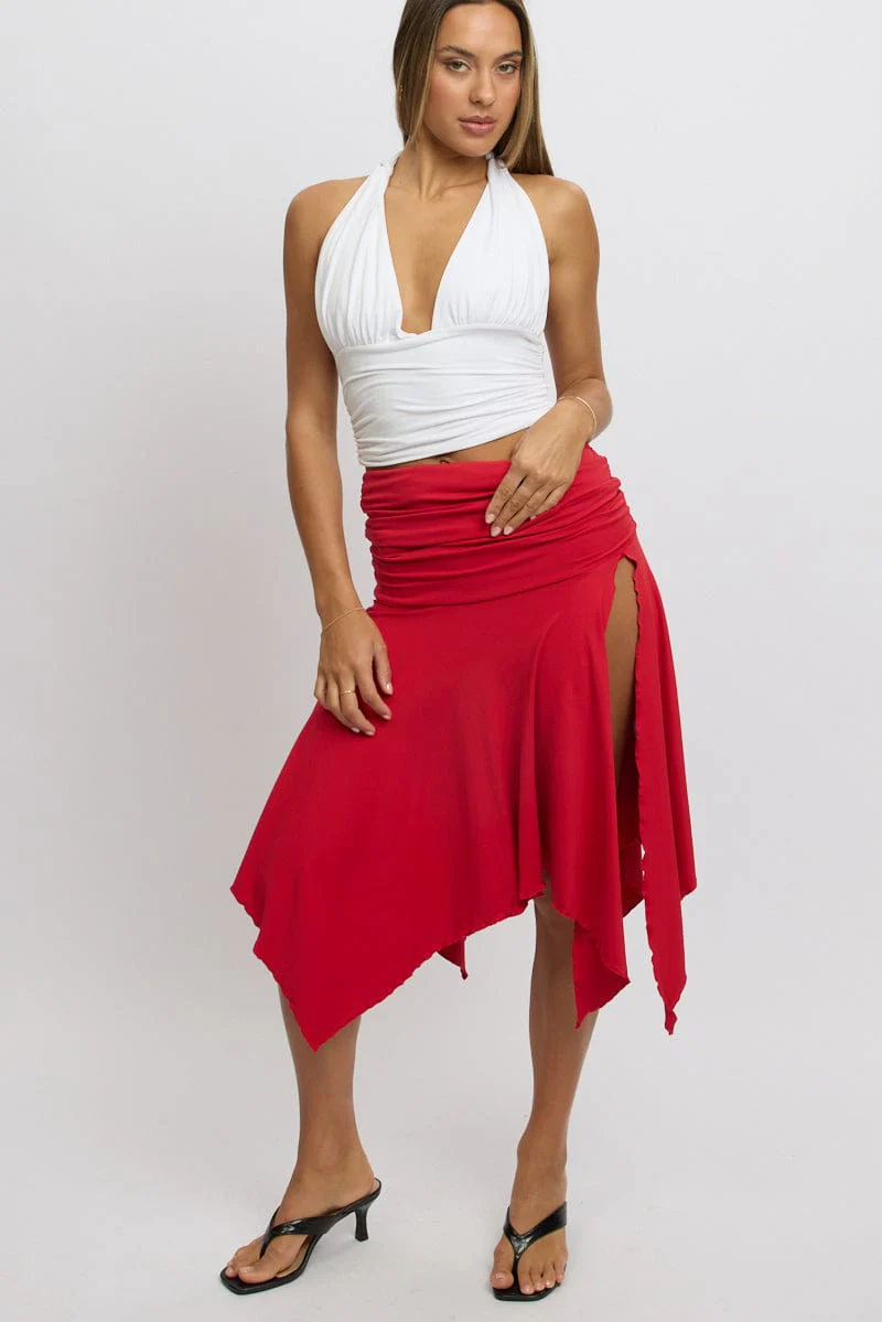 Red Scarf Hem Skirt High Rise Midi Asymm Supersoft