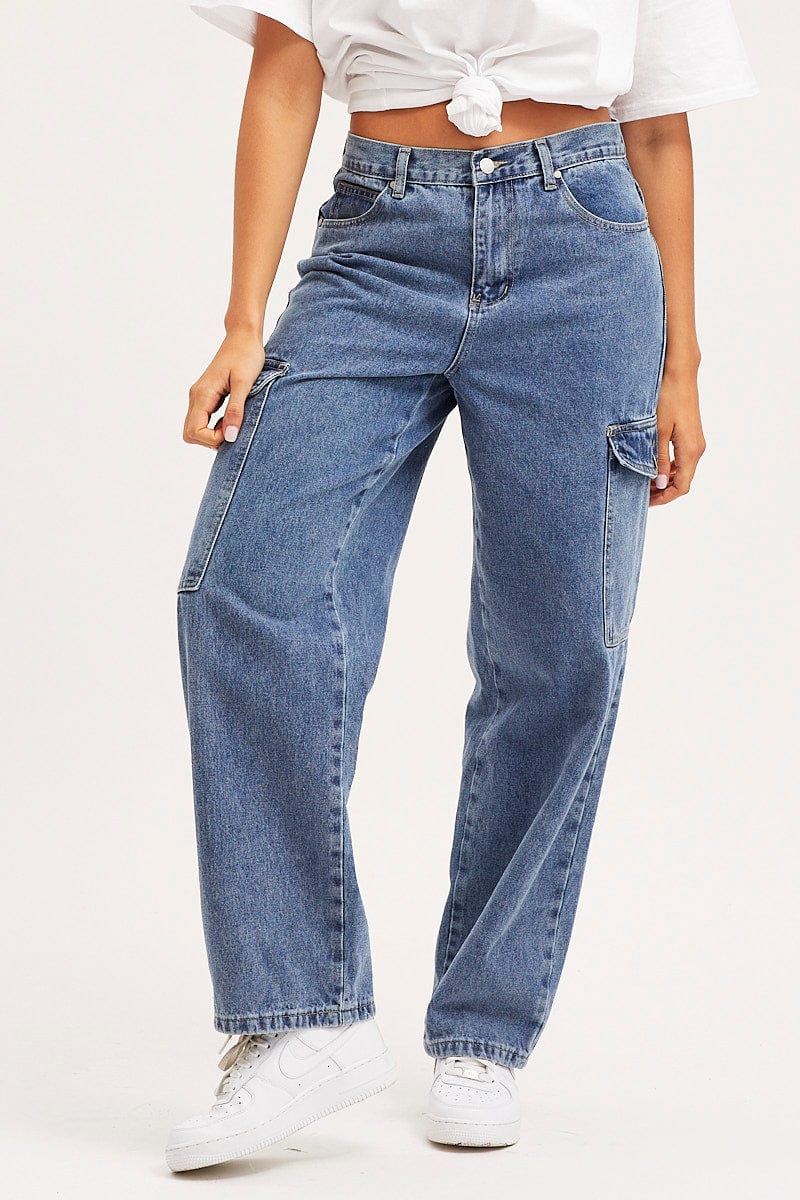Blue Unisex Cargo Denim Jeans Mid Rise