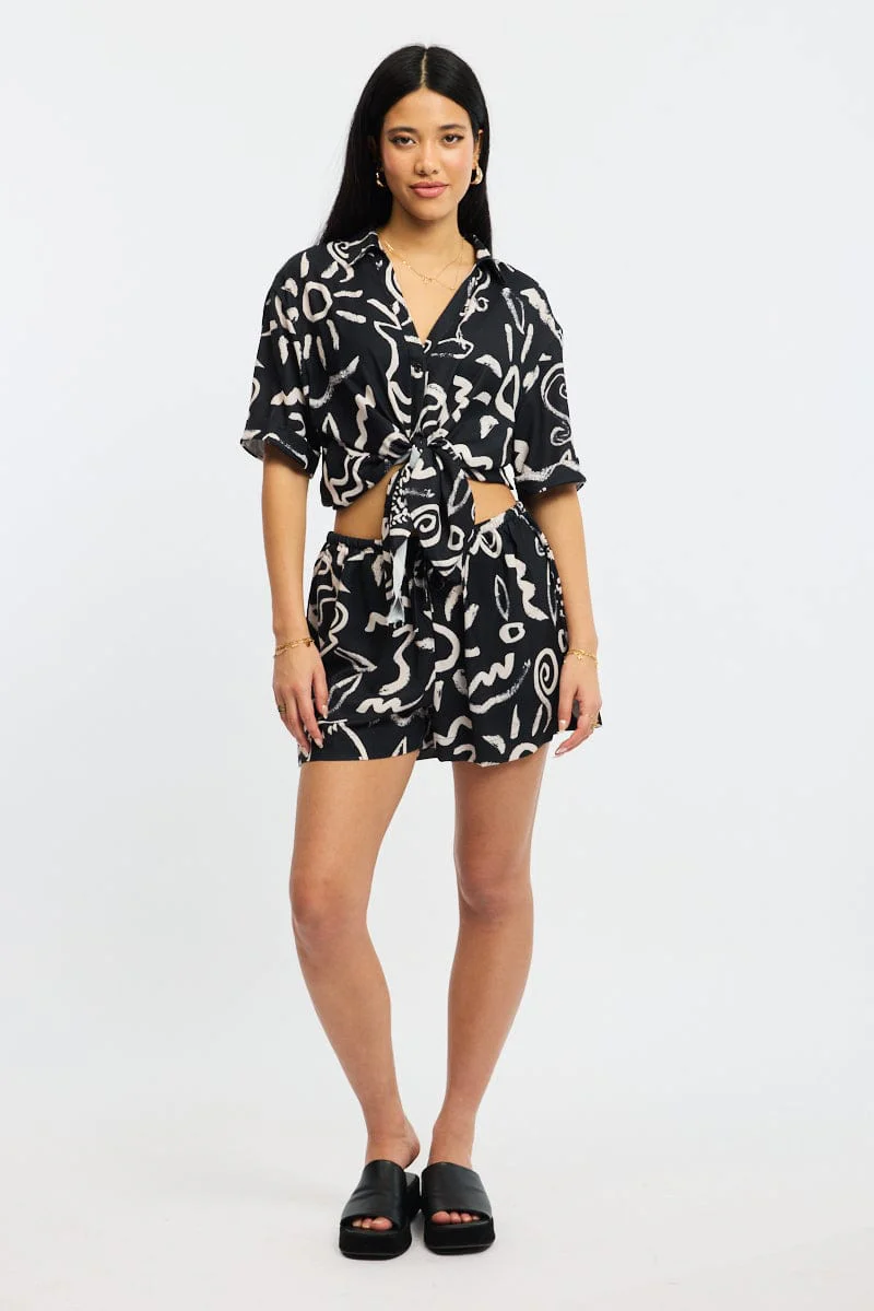 Black Abstract Relaxed Shirt Short Sleeve