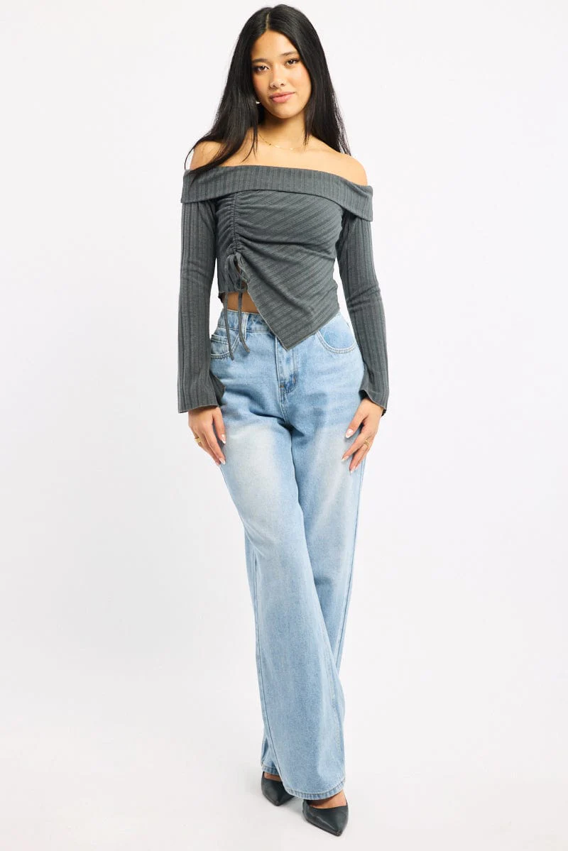 Grey Off Shoulder Top Long Sleeve Ruched