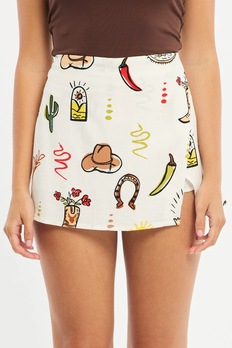 Multi Abstract Mini Skort High Rise Linen Blend Lined