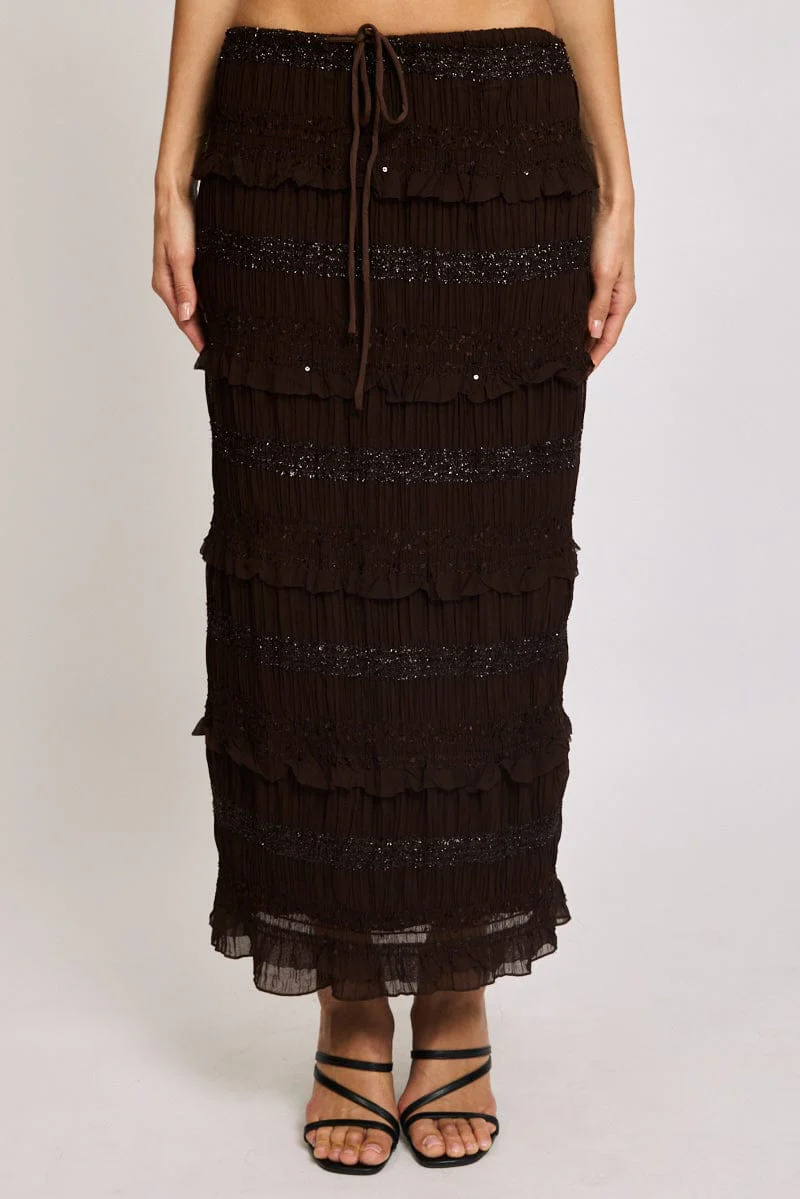 Brown Maxi Skirt Elastic Waistband Ruffle Textured