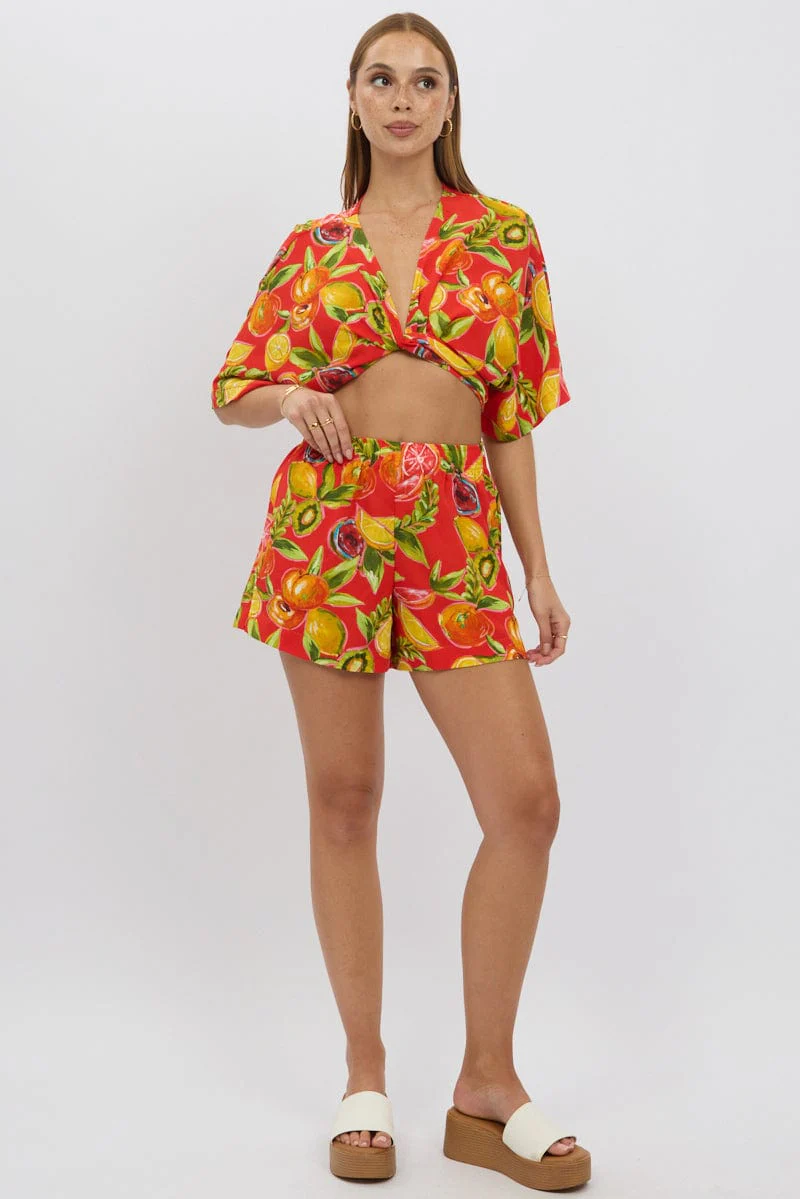 Red Abstract Relaxed Shorts High Rise