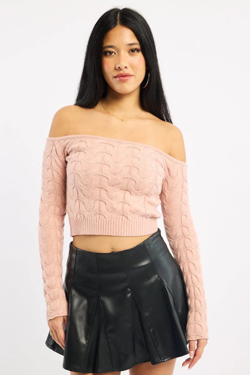 Pink Cable Knit Top Long Sleeve Off Shoulder