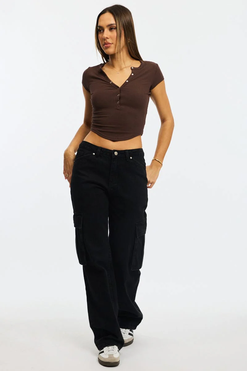 Brown T-shirt Short Sleeve Henley Neck Rib