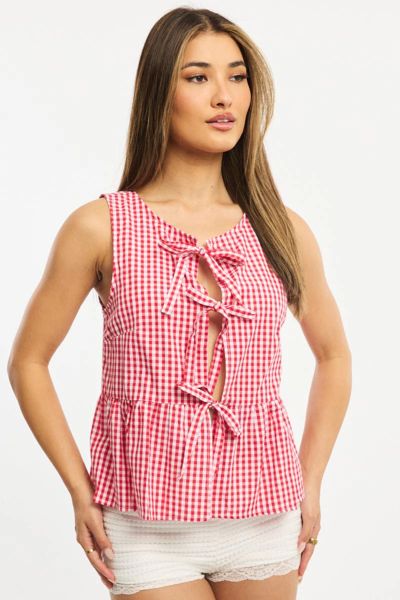 Red Check Sleeveless Tie Top