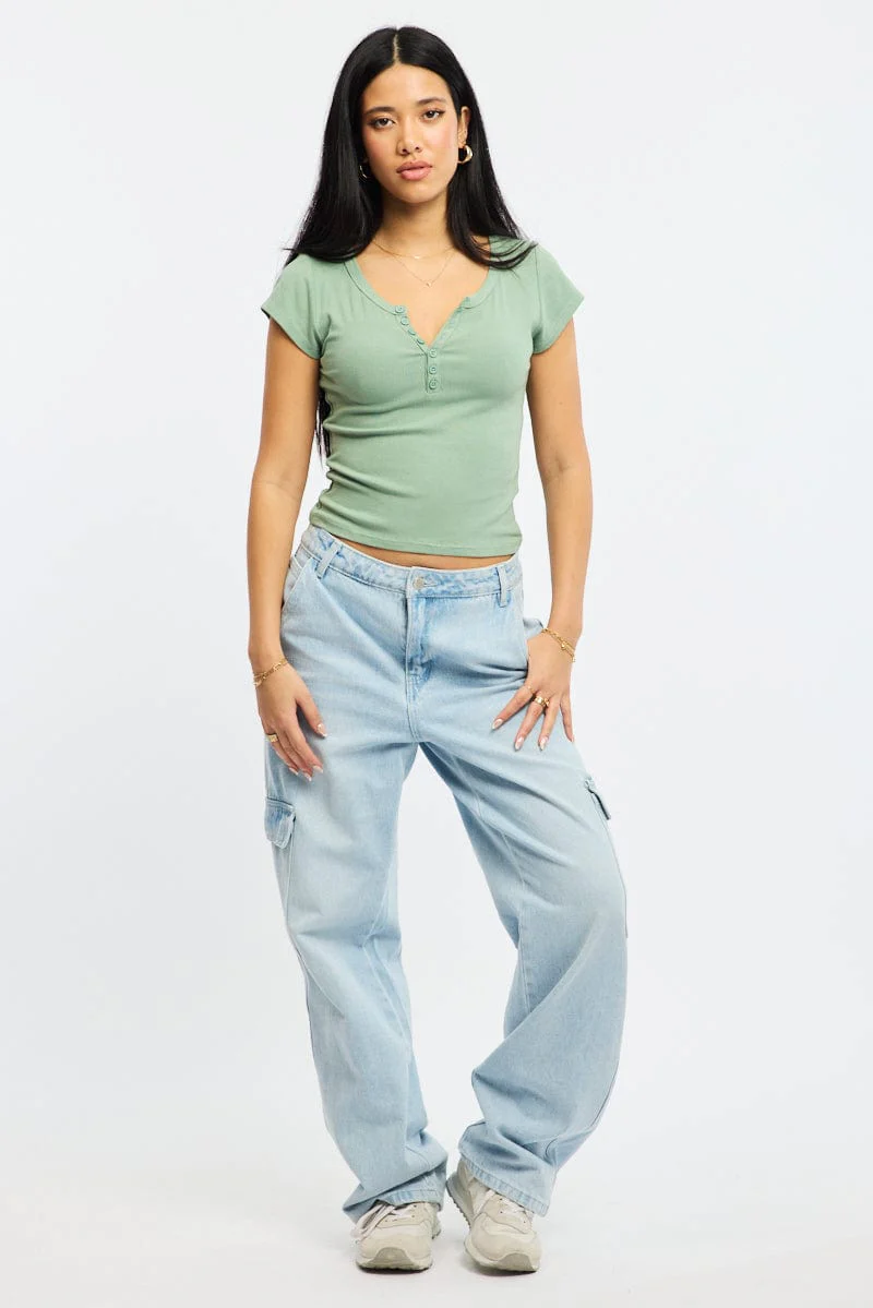 Green Button Down Tee Short Sleeve Rib