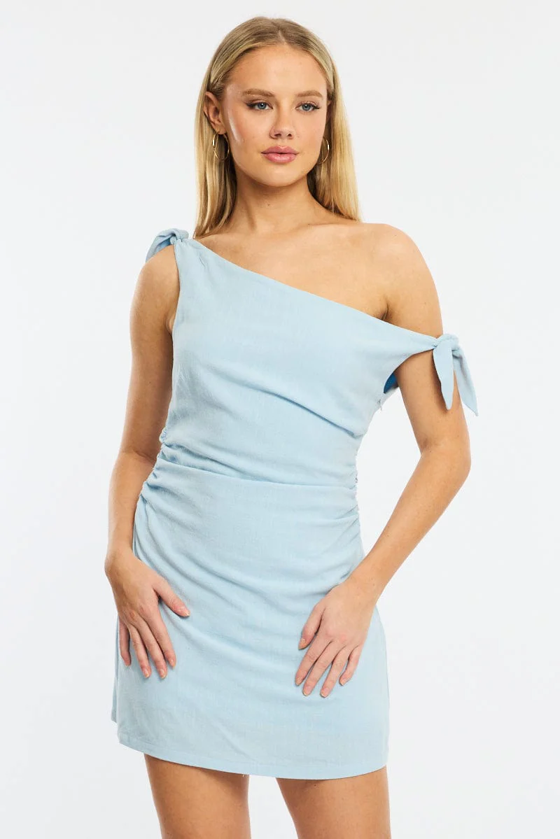 Blue Bodycon Dress Tie Up Shoulder