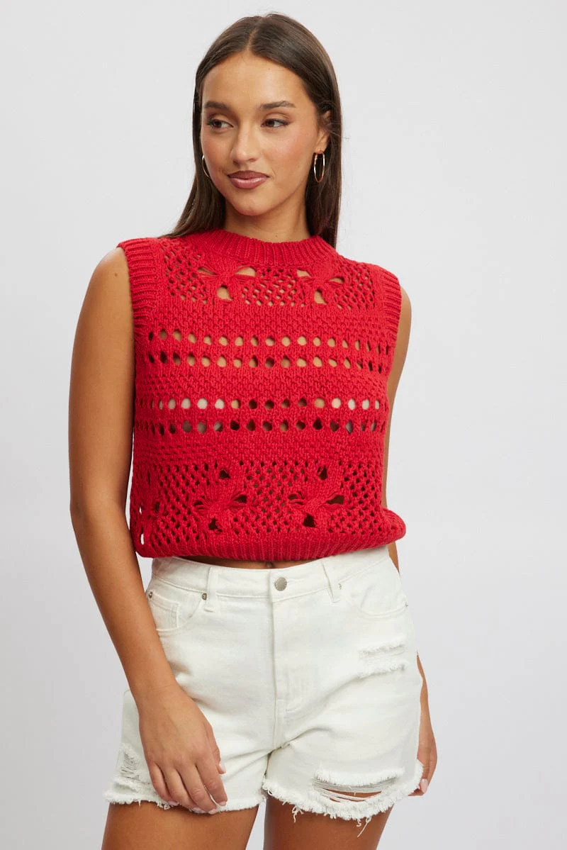 Red Crochet Knit Tank Top
