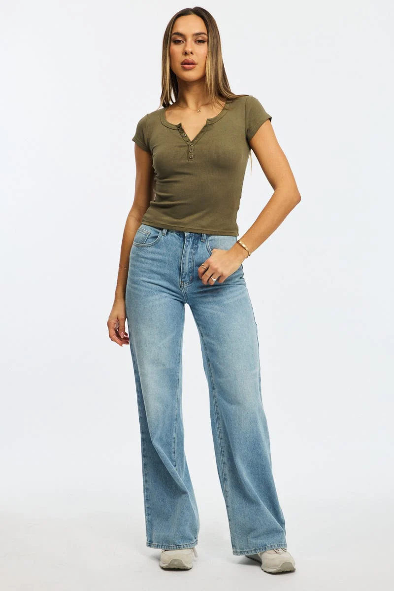 Green Button Down Tee Short Sleeve Rib