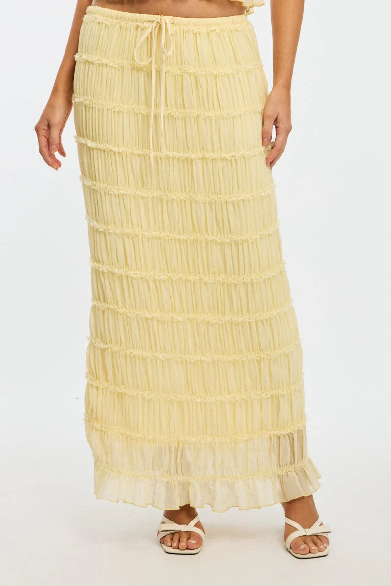 Yellow Textured Maxi Skirt Elastic Waist Lined