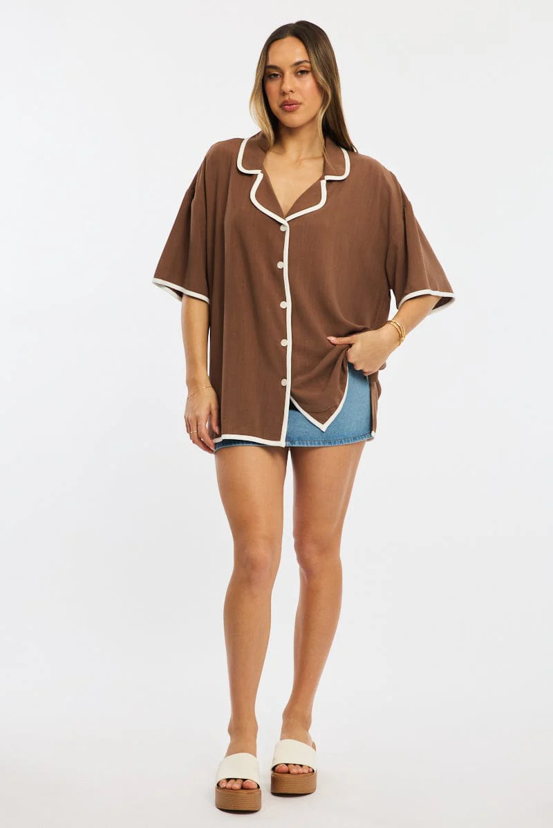 Brown Bias Lapel Shirt Short Sleeve Relaxed Linen Blend