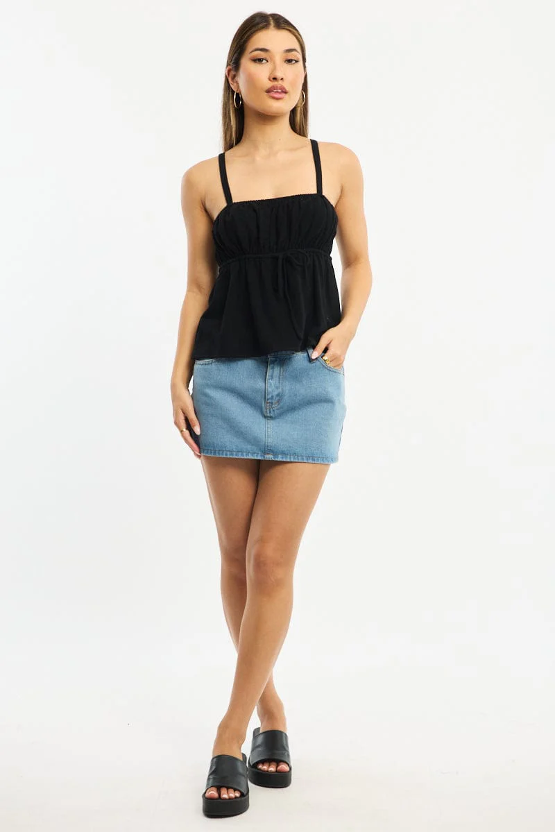Black Cami Top Sleeveless Front Tie Babydoll Linen Blend