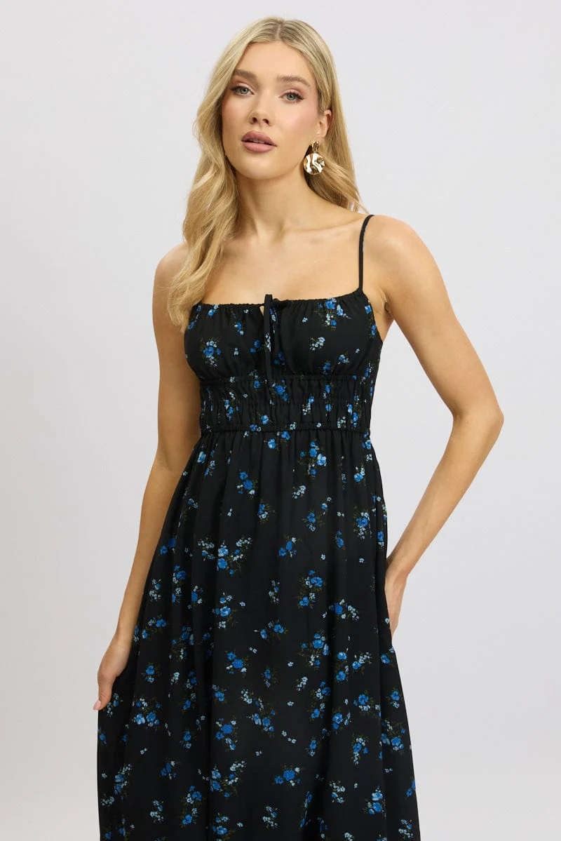 Black Floral Midi Dress Tiered Strappy