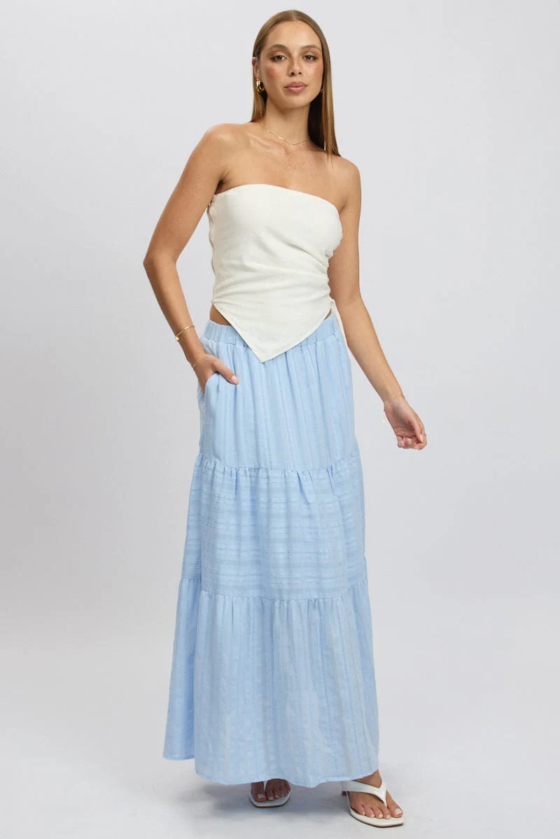 Blue Tiered Maxi Skirt High Rise Elastic Waist Lined