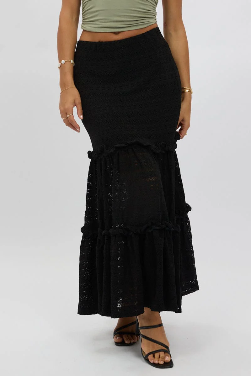 Black Lace Maxi Skirt Elastic Waist Tiered Lined