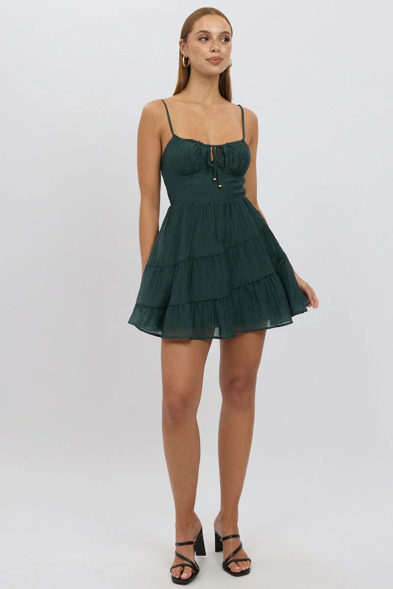 Green Fit And Flare Dress Mini Tiered