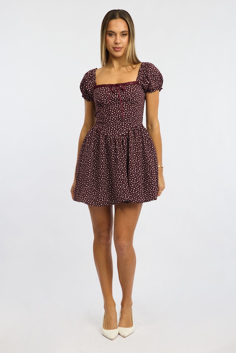 Red Ditsy Fit And Flare Dress Puff Sleeve