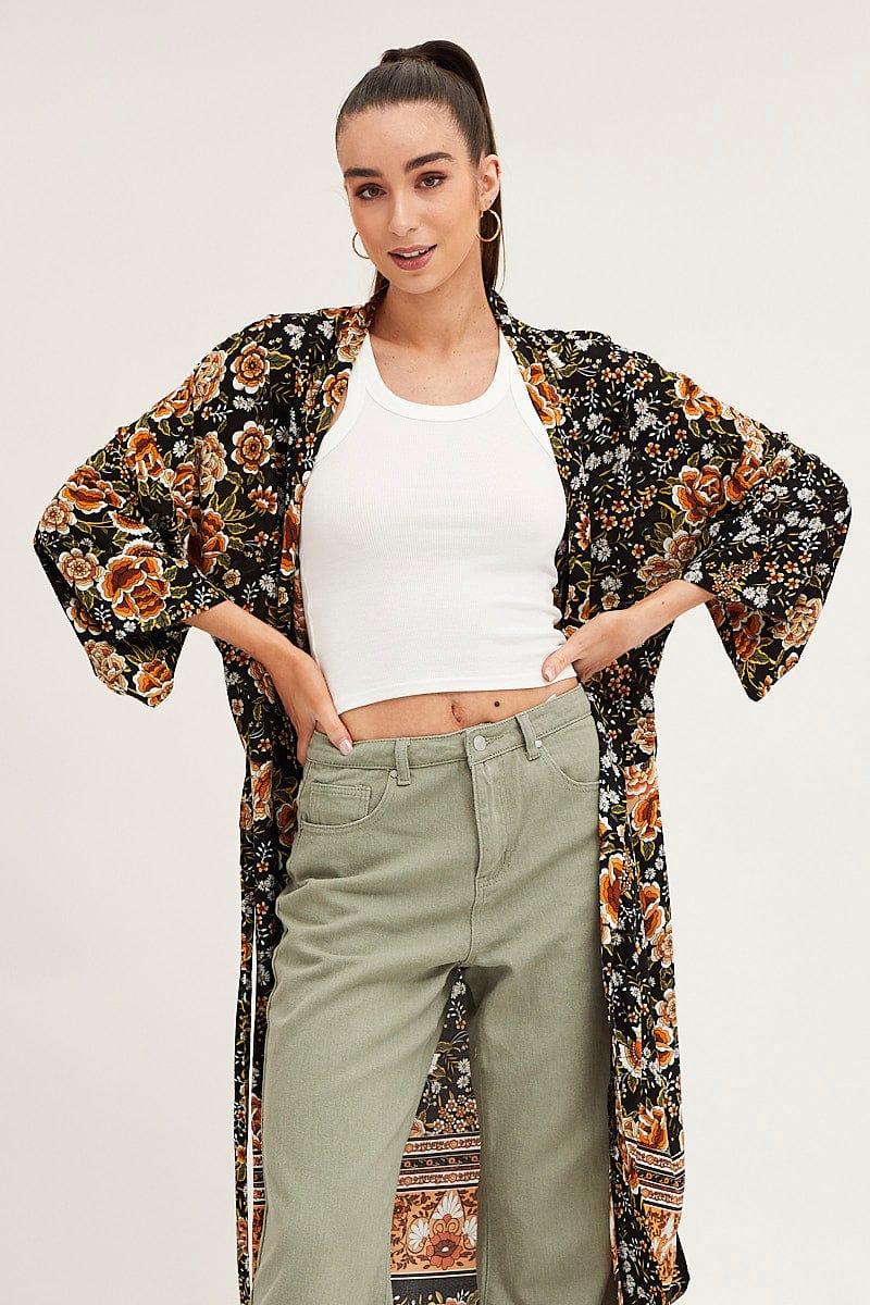 Boho Print Long Sleeve Longline Kimono