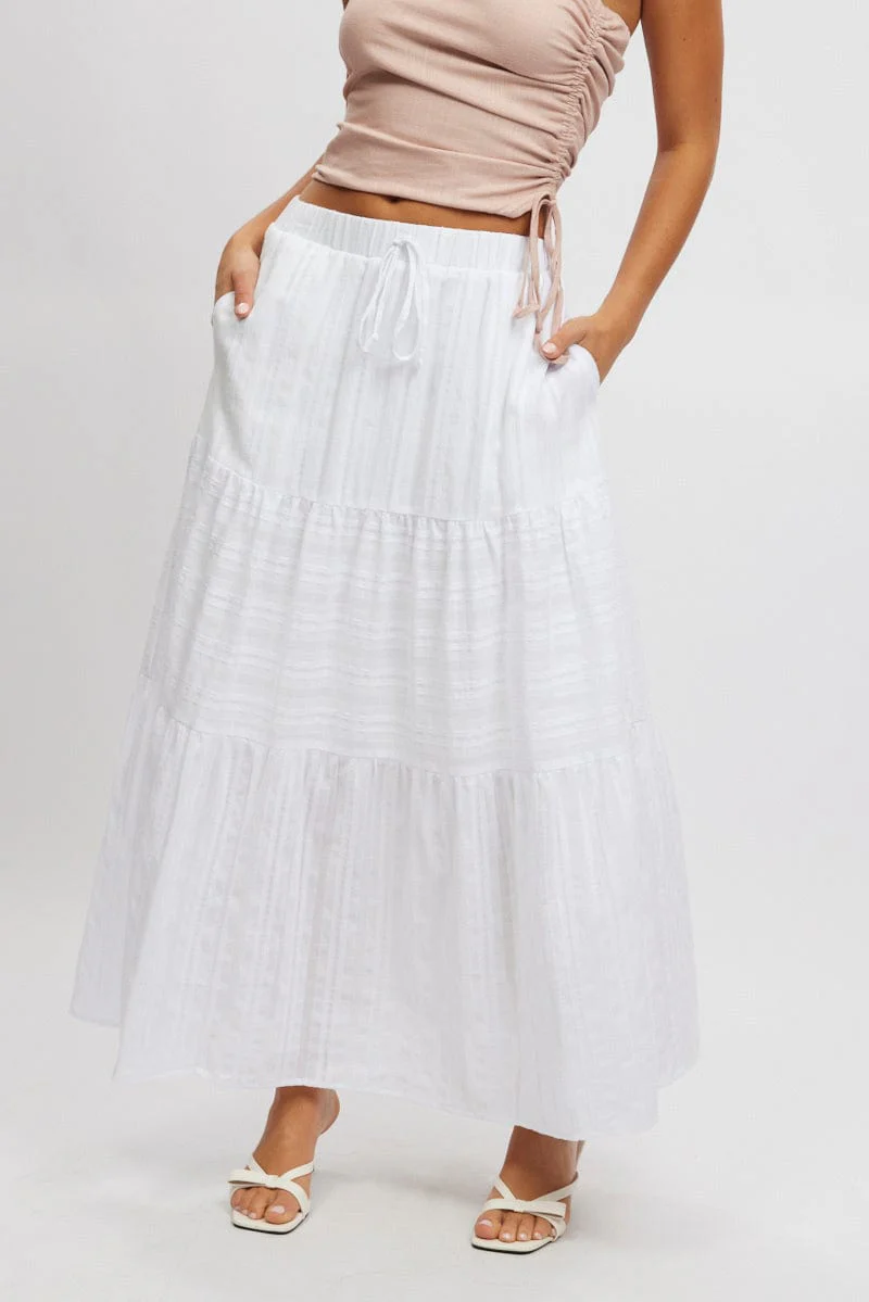 White Tiered Maxi Skirt High Rise Elastic Waist Lined