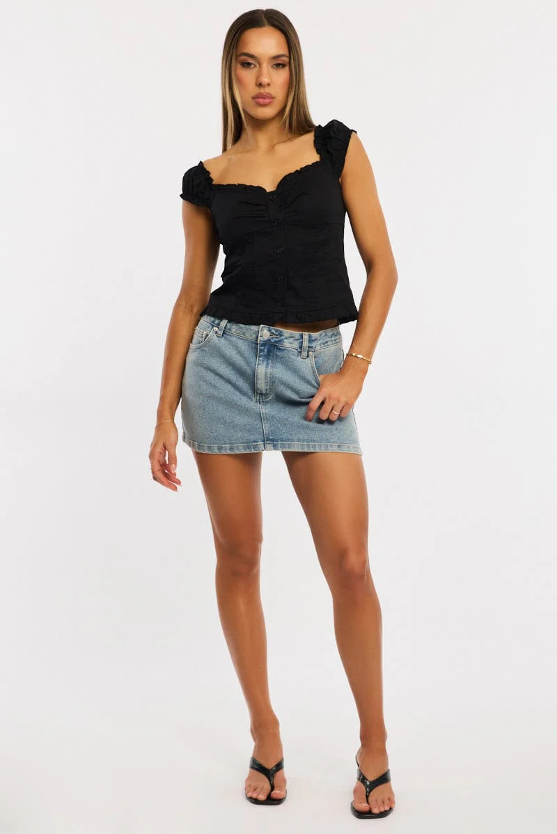 Black Top Short Sleeve Gathered Bust Pleated Detail