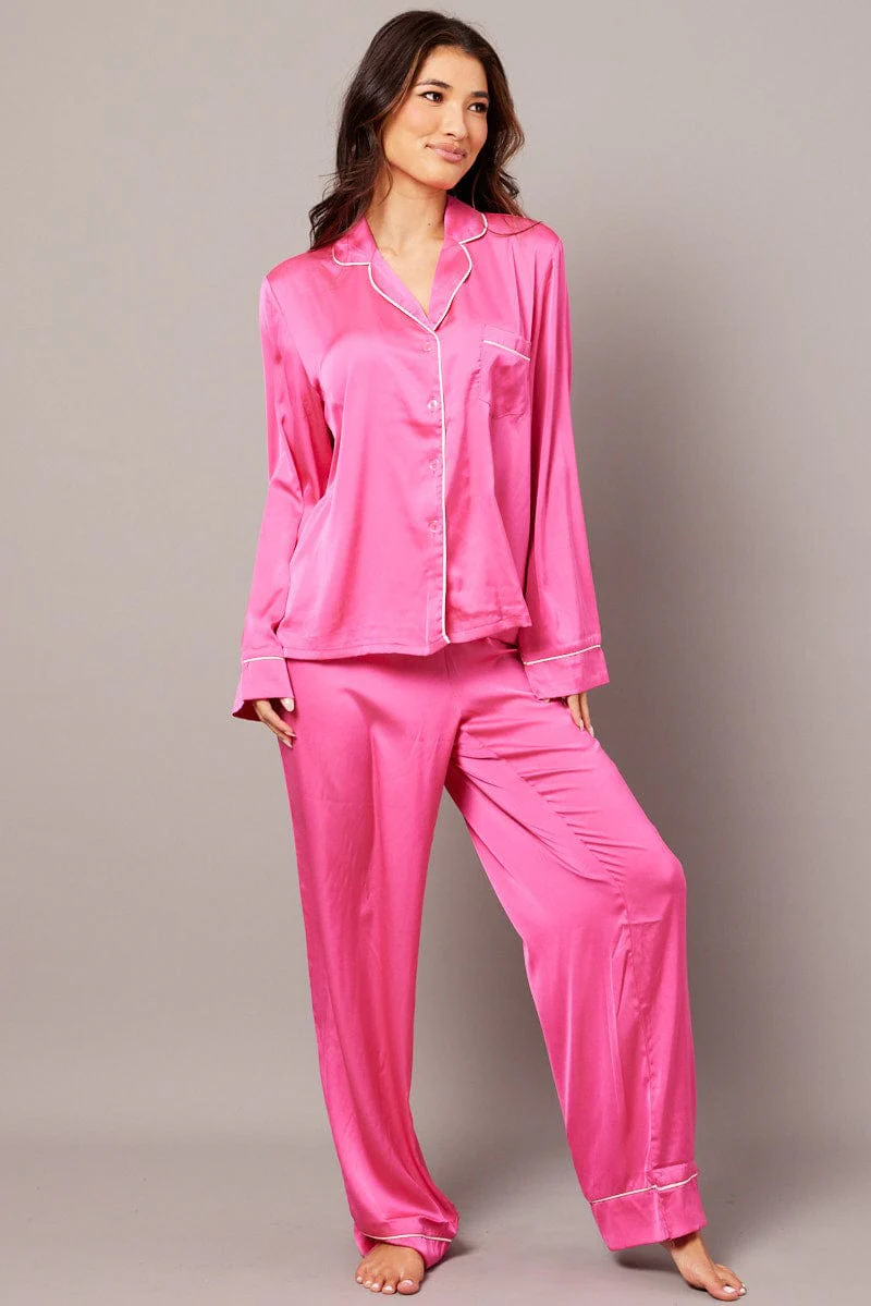 Pink Satin Pyjama Contrast Piping Long Leg Pj Set