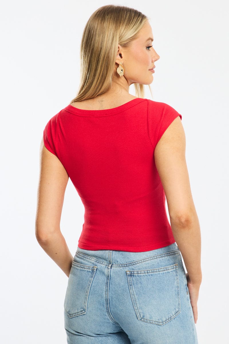Red Boat Neck Top Short Sleeve