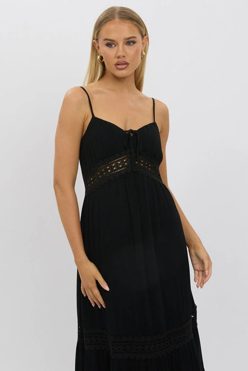 Black Maxi Dress Strappy Lace Trim