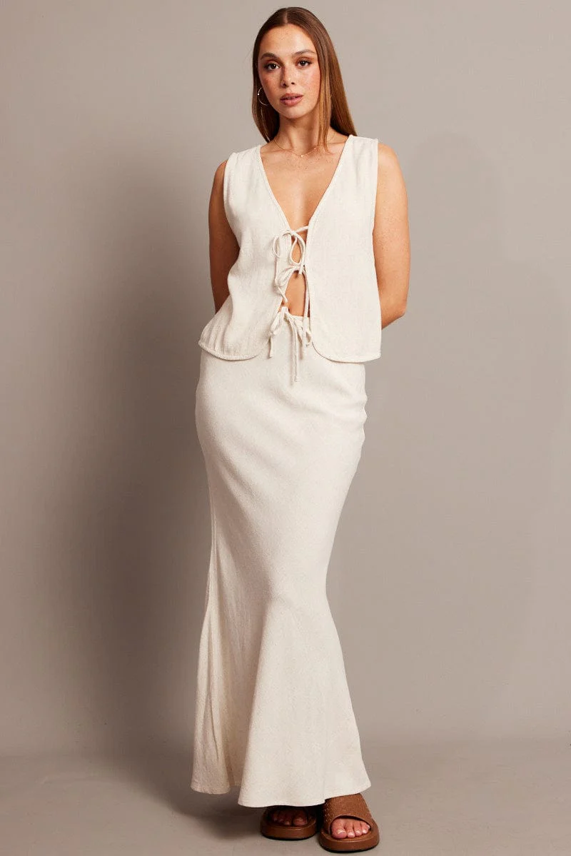 Beige Tie Up Top Linen