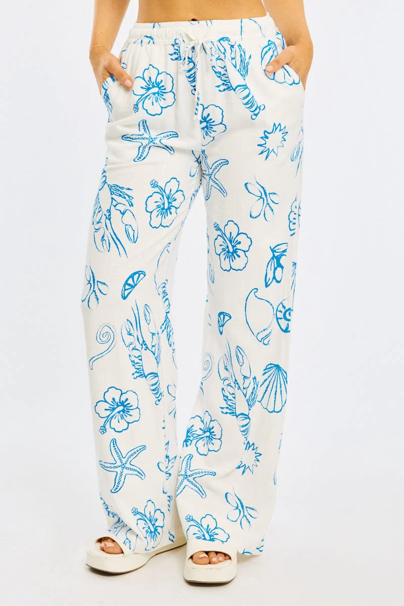 Blue Abstract Wide Leg Pants Elasticated Waist