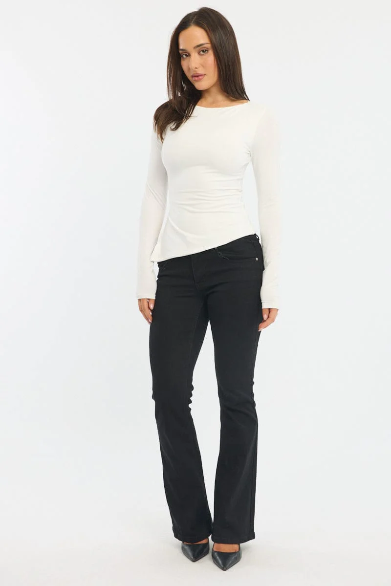 White Boat Neck Top Long Sleeve Side Split
